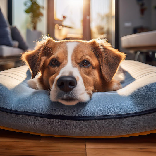 Chien reposant sur un lit orthopédique pour soulager ses douleurs articulaires.