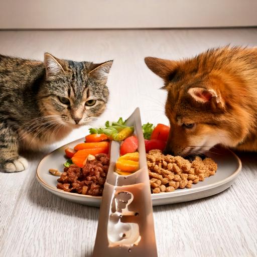 Chien et chat partageant une assiette de nourriture équilibrée comprenant des légumes, de la viande et des croquettes