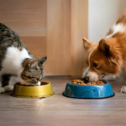 Chat utilisant un puzzle alimentaire, à côté d'un chien mangeant dans une gamelle anti-glouton.