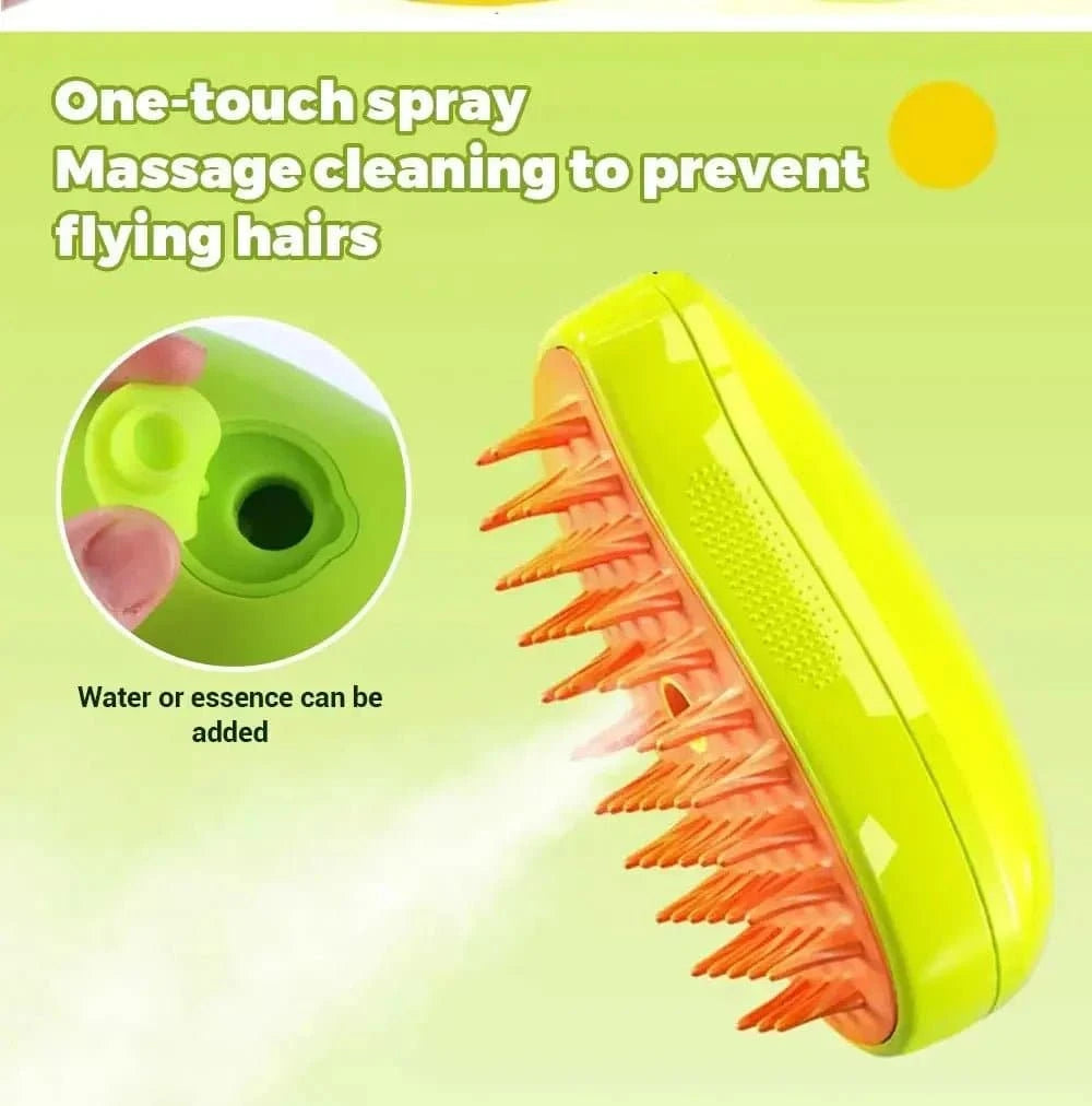 Brosse à vapeur électrique pour chat avec peigne en silicone souple, spray d'eau, et brosse démêlante pour toilettage.