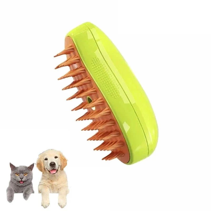 Brosse à vapeur électrique pour chat avec peigne en silicone souple, spray d'eau, et brosse démêlante pour toilettage.