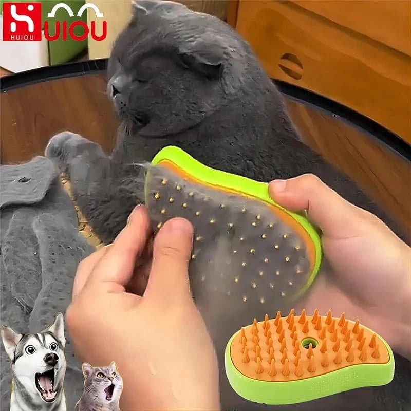 Brosse à vapeur électrique pour chat avec peigne en silicone souple, spray d'eau, et brosse démêlante pour toilettage.