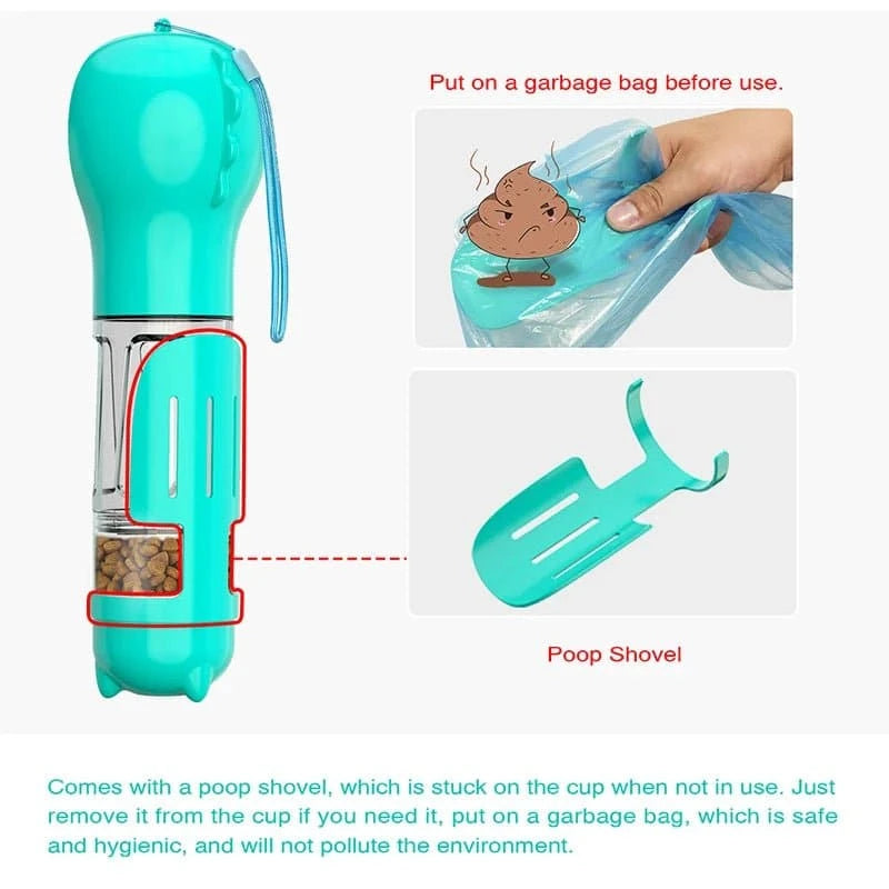 Bouteille d'eau portable chien chat, distributeur 3-en-1 avec abreuvoir anti-fuite et pelle à caca intégrée.