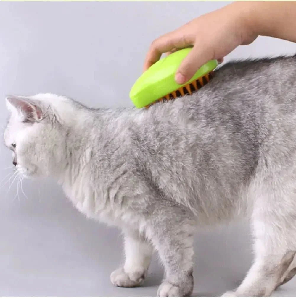 Brosse à vapeur électrique pour chat avec peigne en silicone souple, spray d'eau, et brosse démêlante pour toilettage.