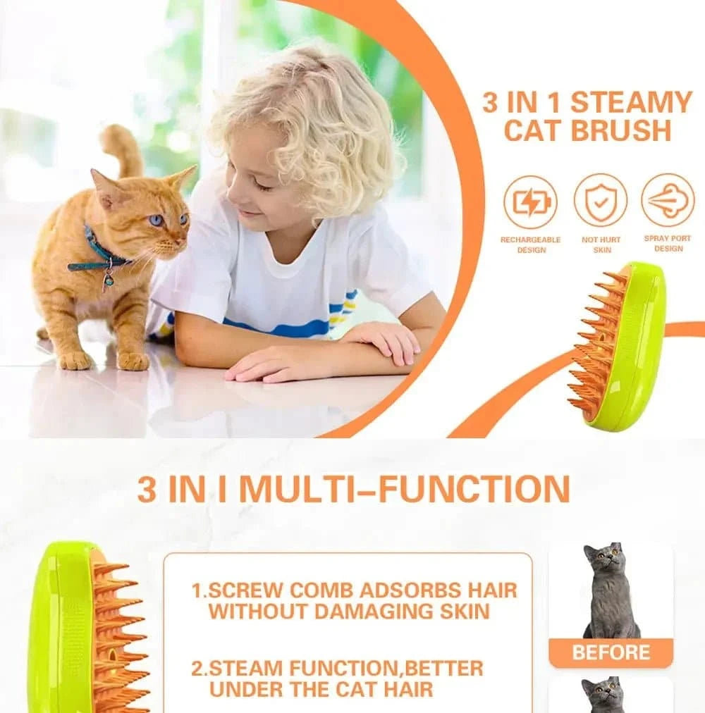 Brosse à vapeur électrique pour chat avec peigne en silicone souple, spray d'eau, et brosse démêlante pour toilettage.