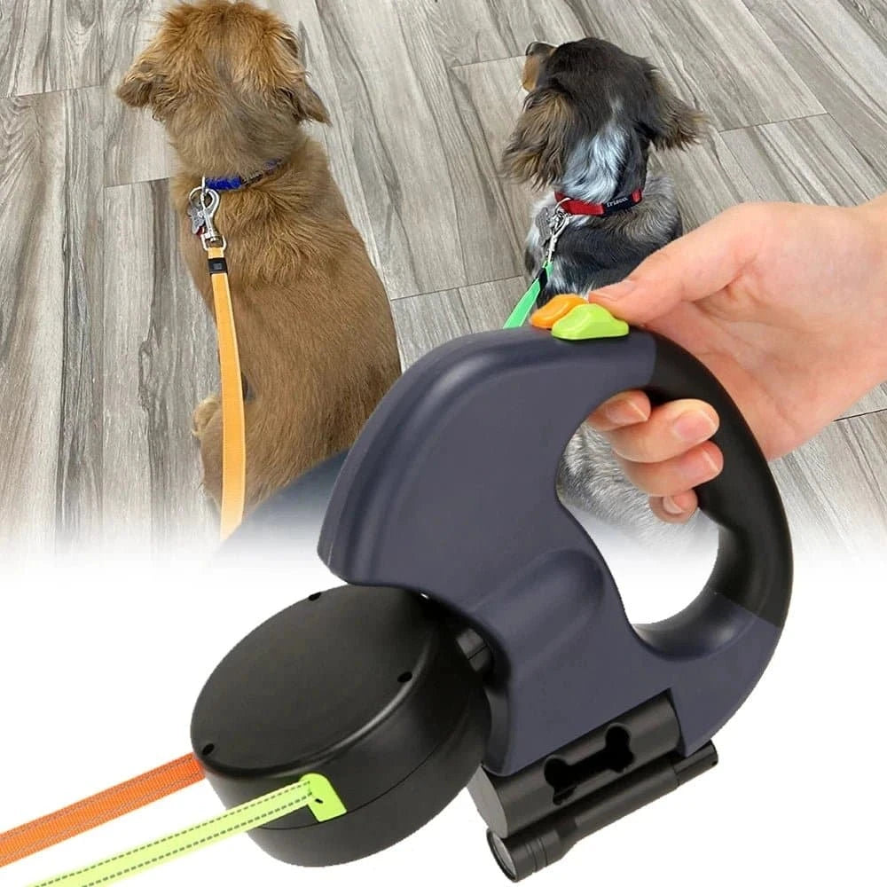 Laisse double pour deux chiens avec LED, rétractable et rotative, idéale pour les promenades nocturnes sans enchevêtrement.