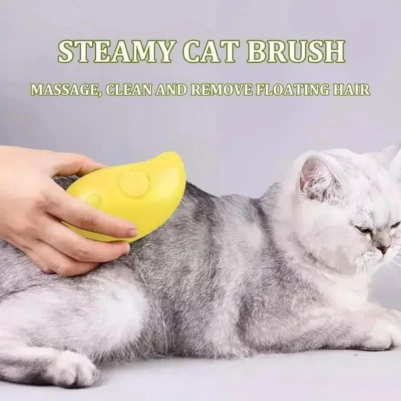 Brosse à vapeur électrique pour chat avec peigne en silicone souple, spray d'eau, et brosse démêlante pour toilettage.