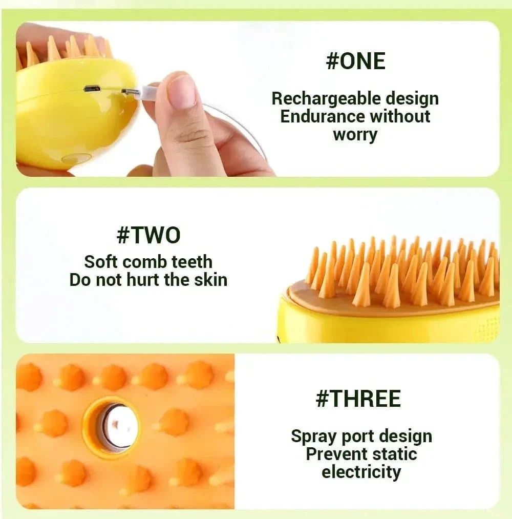 Brosse à vapeur électrique pour chat avec peigne en silicone souple, spray d'eau, et brosse démêlante pour toilettage.