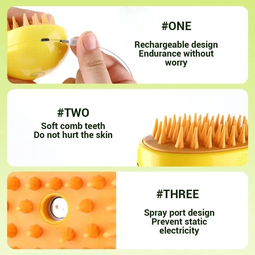 Brosse à vapeur électrique pour chat avec peigne en silicone souple, spray d'eau, et brosse démêlante pour toilettage.