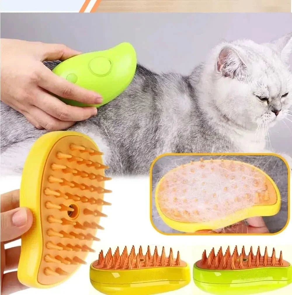 Brosse à vapeur électrique pour chat avec peigne en silicone souple, spray d'eau, et brosse démêlante pour toilettage.