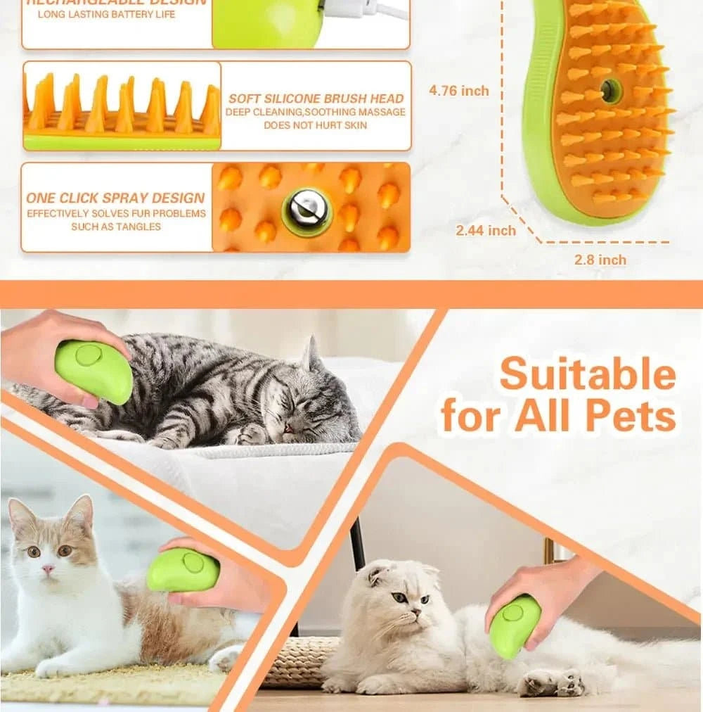 Brosse à vapeur électrique pour chat avec peigne en silicone souple, spray d'eau, et brosse démêlante pour toilettage.