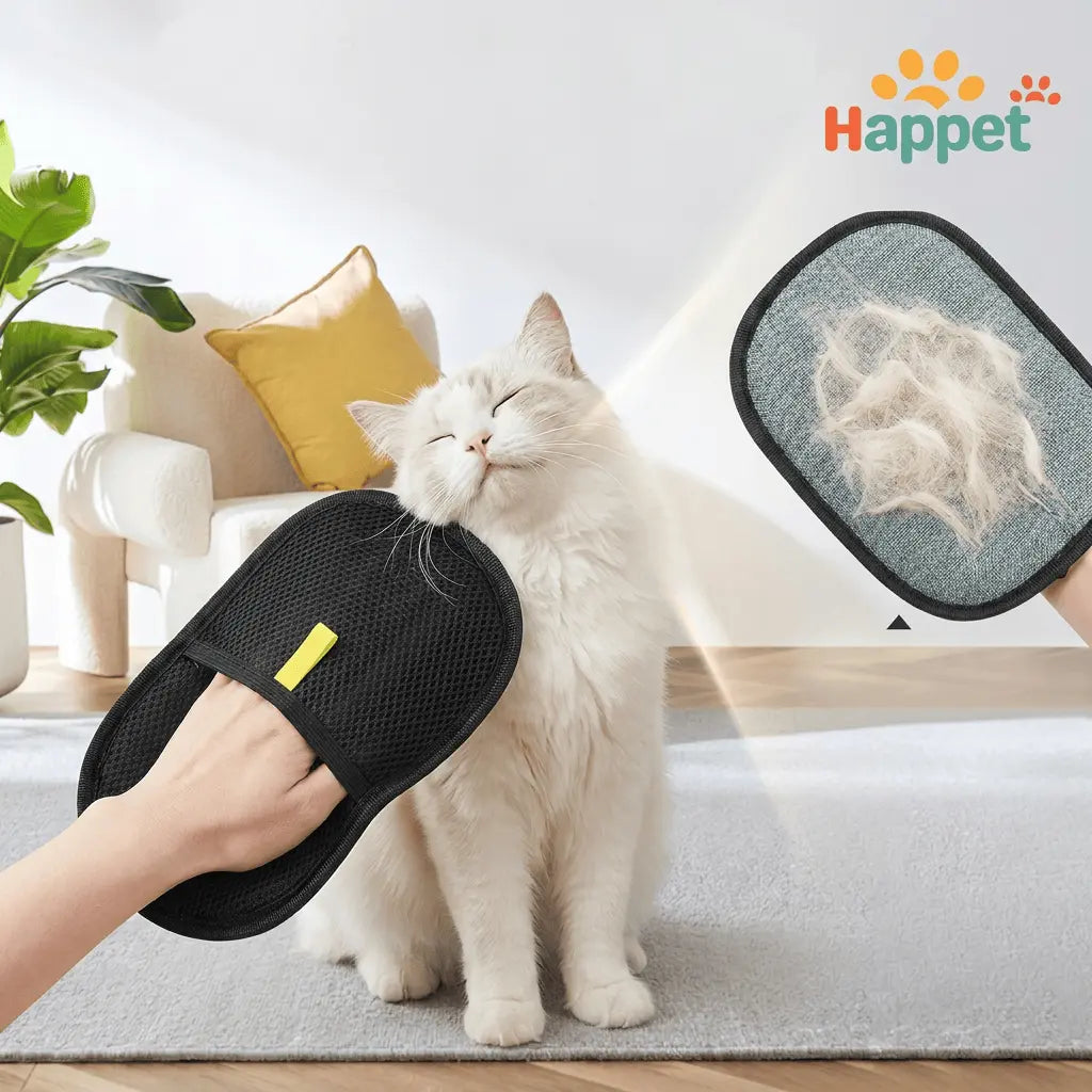 Gant anti-poils Happet utilisé pour brosser un chat blanc, avec démonstration des poils captés sur la surface du gant — toilettage chien et chat réutilisable